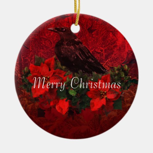 Crow on Poinsettias and Holly Kerstversient Keramisch Ornament (Voorkant)