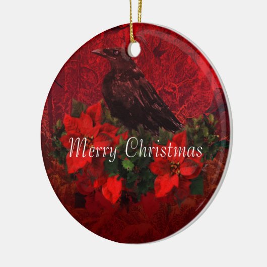 Crow on Poinsettias and Holly Kerstversient Keramisch Ornament (Links)