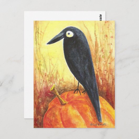 Crow on Pumpkin Briefkaart van Liz Revit (Voorkant / Achterkant)