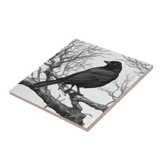 Crow Perched on Bare Winter Branches Tegeltje (Zijkant)