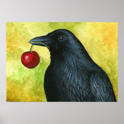 Crow Raven Bird 55 holding cherry Poster (Voorkant)