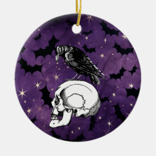 Crow Raven en Skull Halloween Paarse Sterren Vleer Keramisch Ornament