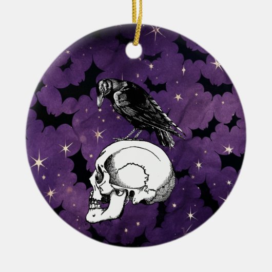 Crow Raven en Skull Halloween Paarse Sterren Vleer Keramisch Ornament (Voorkant)