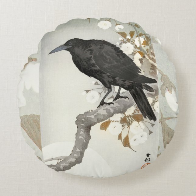 Crow Raven Koson Japanese Bird Rond Kussen (Voorkant)