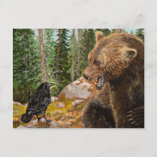 Crow Raven teasing Grizzly Beer wildlife briefkaar Briefkaart