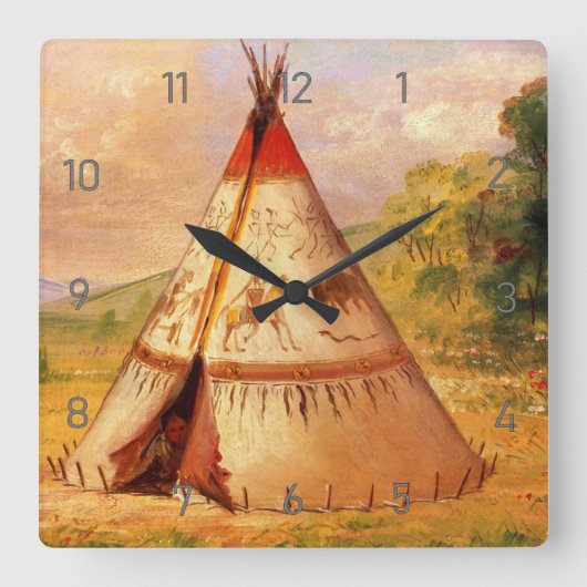Crow Teepee Wigwam, George Catlin Art Vierkante Klok (Voorkant)