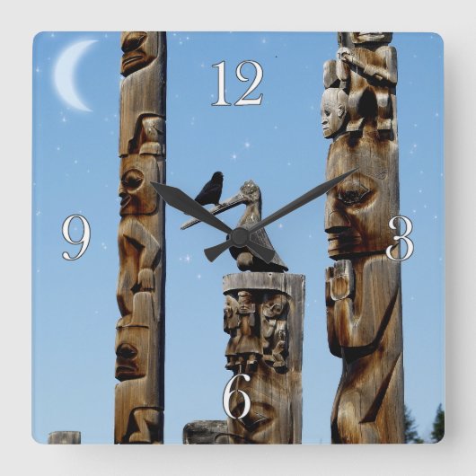 Crow & Totem Poles Native American Art Clock Vierkante Klok (Voorkant)