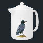 Crow Waterverf Painting Theepot<br><div class="desc">Dit is een waterverf schilderij van kraai. Ik denk dat kraaien mooie veren hebben - zwart,  maar paarse en blauwe kleur onder het zonlicht. Deze kraai is geperst op een boomlogboek met mos dat op de bovenkant groeit.</div>