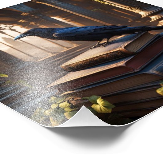 Crow Zittend op oude boeken in een kerk Foto Afdruk (Hoek)