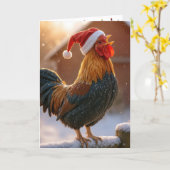 Crowing Christmas Rooster Wearing a Santa Hat Kaart (Gele Bloem)