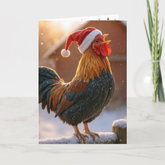 Crowing Christmas Rooster Wearing a Santa Hat Kaart (Voorkant)