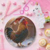 Crowing Christmas Rooster Wearing a Santa Hat Papieren Bordje (Feest)