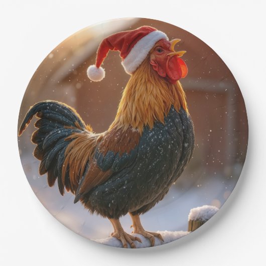 Crowing Christmas Rooster Wearing a Santa Hat Papieren Bordje (Voorkant)