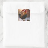 Crowing Christmas Rooster Wearing a Santa Hat Vierkante Sticker (Tas)