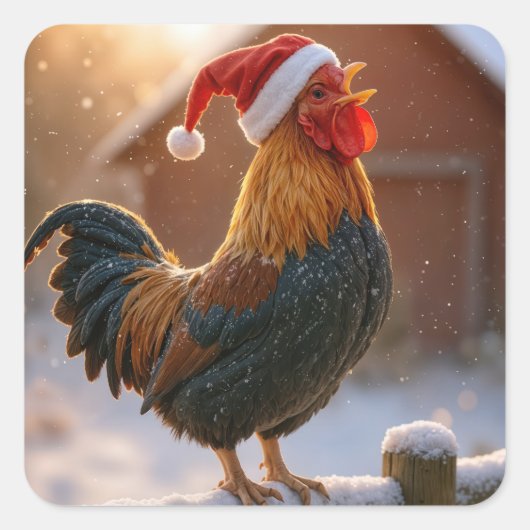 Crowing Christmas Rooster Wearing a Santa Hat Vierkante Sticker (Voorkant)