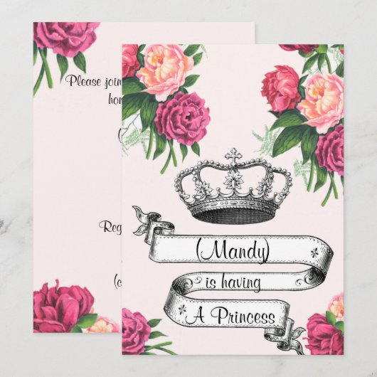 Crown and Rozen Princess Baby shower Invite Kaart (Voorkant / Achterkant)