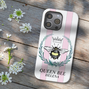 Crown Bee   Roze & Witte Gestreepte Gepersonalisee Case-Mate iPhone 14 Pro Max Hoesje