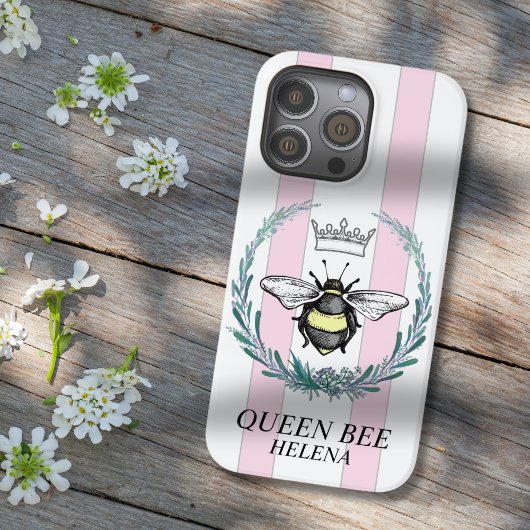Crown Bee | Roze & Witte Gestreepte Gepersonalisee Case-Mate iPhone Case