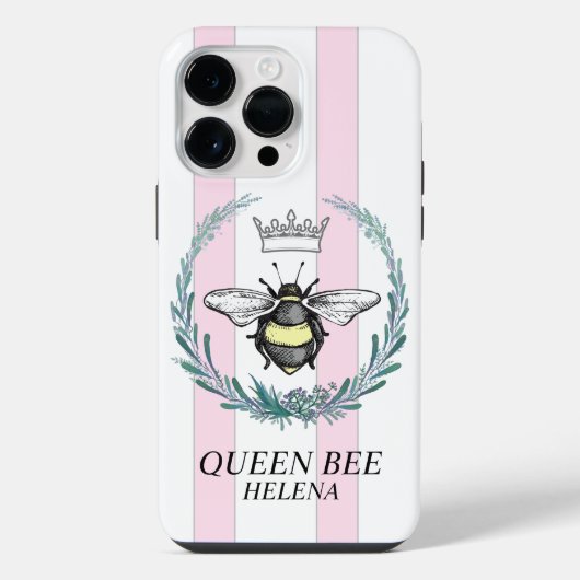 Crown Bee | Roze & Witte Gestreepte Gepersonalisee iPhone Hoesje (Achterkant)