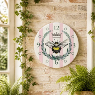 Crown Bee Roze & Witte Gestreepte Wandklok