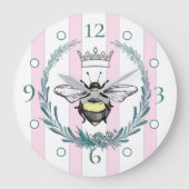 Crown Bee | Roze & Witte Gestreepte Wandklok (Voorkant)
