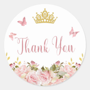 Crown Butterflies Pink Floral Bedankt Ronde Sticker