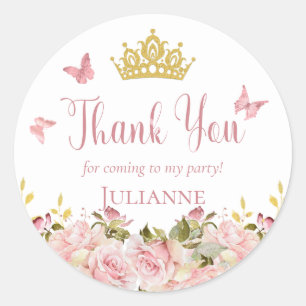 Crown Butterflies Pink Floral Verjaardag Bedankt Ronde Sticker