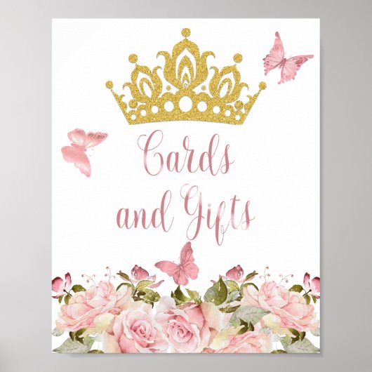 Crown Butterflies Roze Bloemen Kaarten en geschenk Poster (Voorkant)