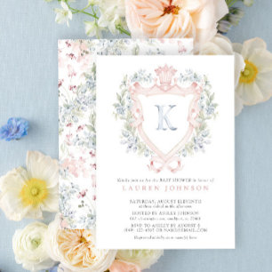 Crown Crest Monogram Roze Blauw Baby shower Kaart