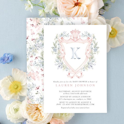 Crown Crest Monogram Roze Blauw Baby shower Kaart