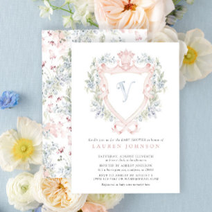 Crown Crest Monogram Roze Blauw Baby shower Kaart