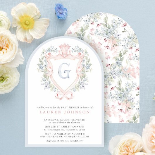 Crown Crest Monogram Roze Blauw Baby shower Kaart