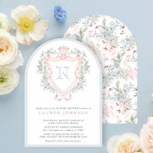 Crown Crest Monogram Roze Blauw Baby shower Kaart