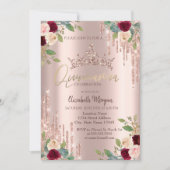 Crown Drop, Burgundy Rozen Roos Gold Quinceañera Kaart (Voorkant)