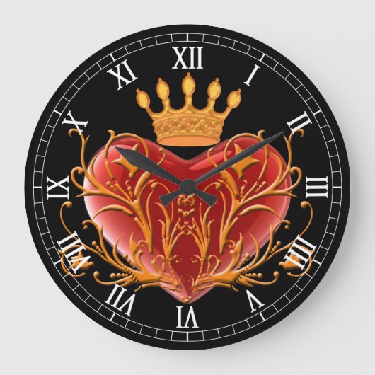 Crown Filigree Heart Round Roman Numeras Clock Grote Klok (Voorkant)