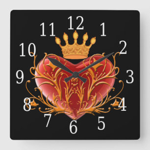 Crown Filigree Heart Square Clock Vierkante Klok