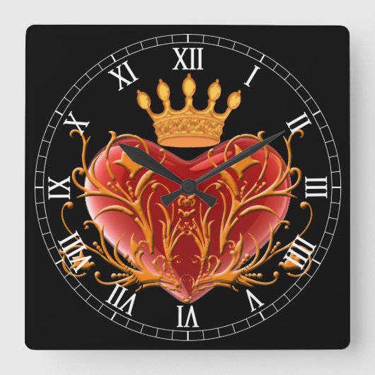 Crown Filigree Heart Square Roman Numerals Clock Vierkante Klok (Voorkant)