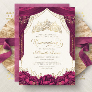 Crown Floral Bourgondië Moderne Quinceanera Kaart