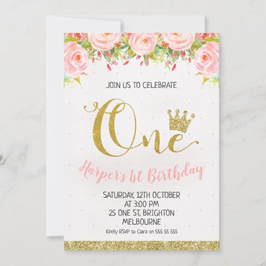 Crown Floral Princess 1st Birthday Invitation Kaart (Voorkant)