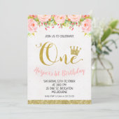 Crown Floral Princess 1st Birthday Invitation Kaart (Staand voorkant)