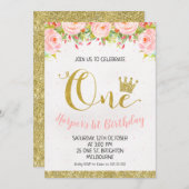 Crown Floral Princess 1st Birthday Invitation Kaart (Voorkant / Achterkant)