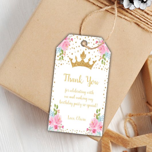 Crown Glitter Floral Princess Birthday Gift Labels Cadeaulabel