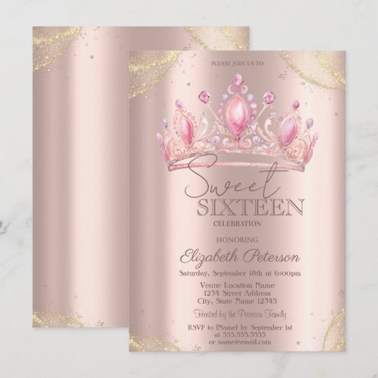 Crown Gold Glitter Corners Rose Gold Sweet 16 Kaart (Voorkant / Achterkant)