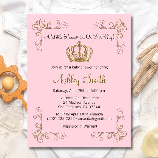 Crown Gold Pink Princess Baby shower Invitation Kaart