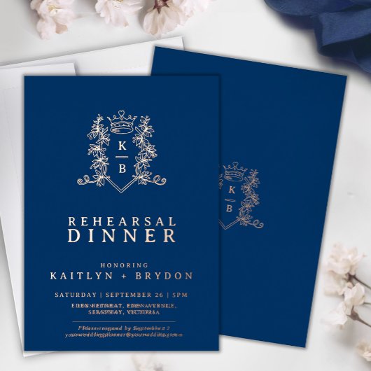 Crown monogram blauw roos gouden bruiloft repetiti folie uitnodiging
