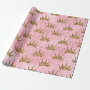 Crown Pink en Gold Glitter Effect Wrapping Paper Cadeaupapier