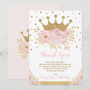 Crown Princess Baby shower Royal Blush Gold Floral Bedankkaart