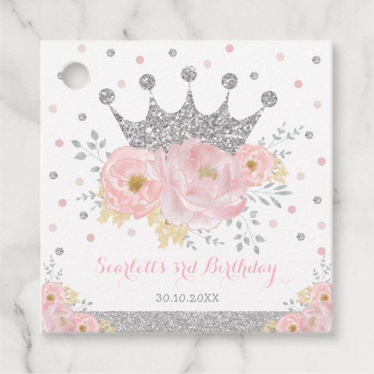 Crown Princess Blush Pink Floral Silver Birthday Bedankjes Labels (Voorkant)