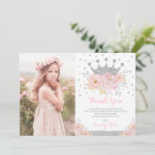 Crown Princess Blush Pink Silver Birthday Foto Bedankkaart (Staand voorkant)