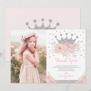 Crown Princess Blush Pink Silver Birthday Foto Bedankkaart
